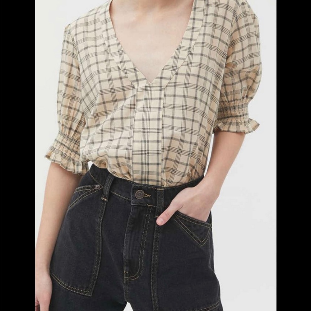 Urban Outfitters Flora Plaid Cream & Black Flowy Puff Sleeve Blouse
